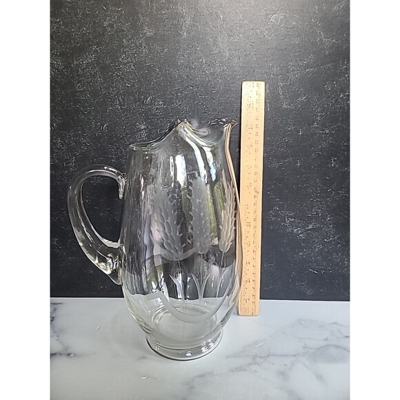 Etched Glass Wheat Pattern Pitcher With Handle - Picture 5 of 10